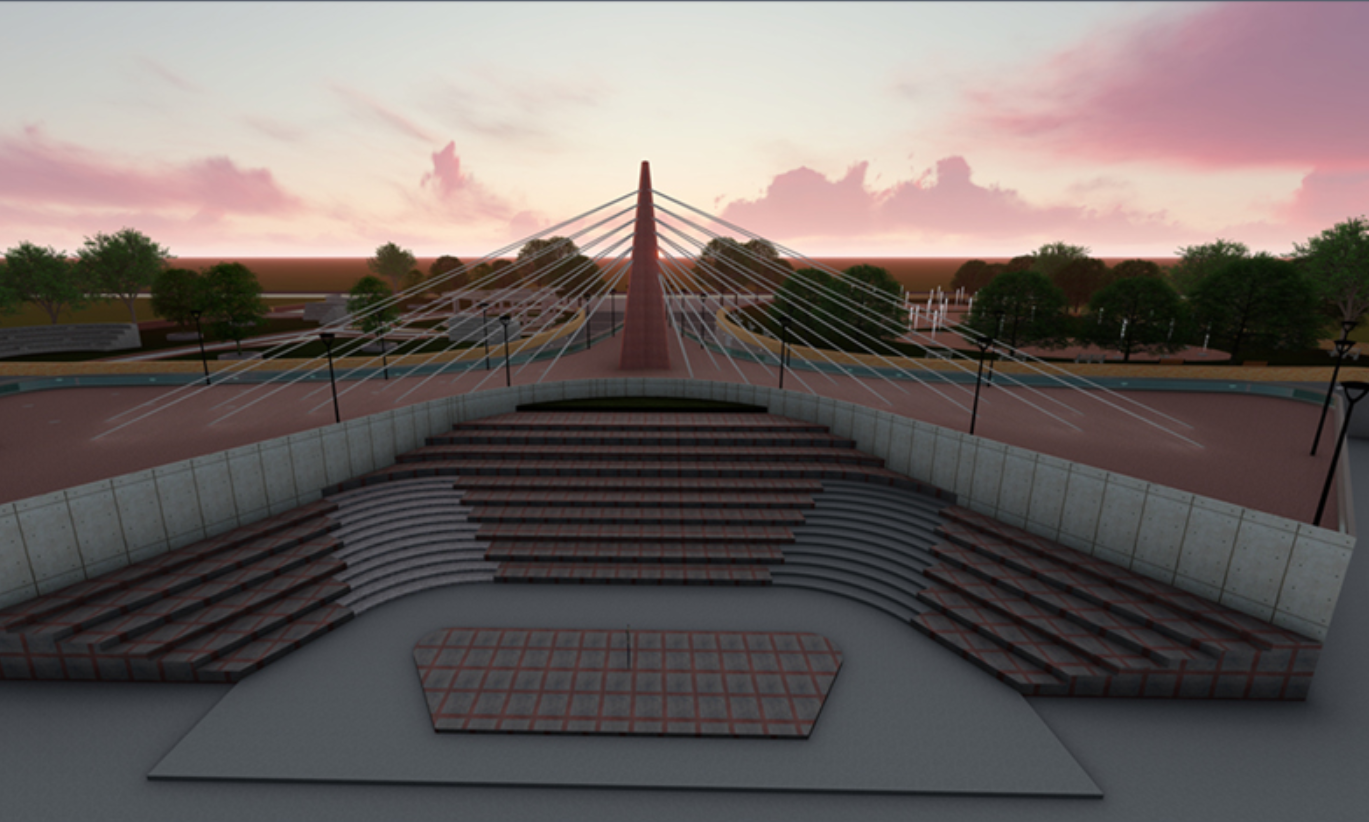Amphitheater seating with timber steps facing cable-stayed bridge under pink sunset clouds