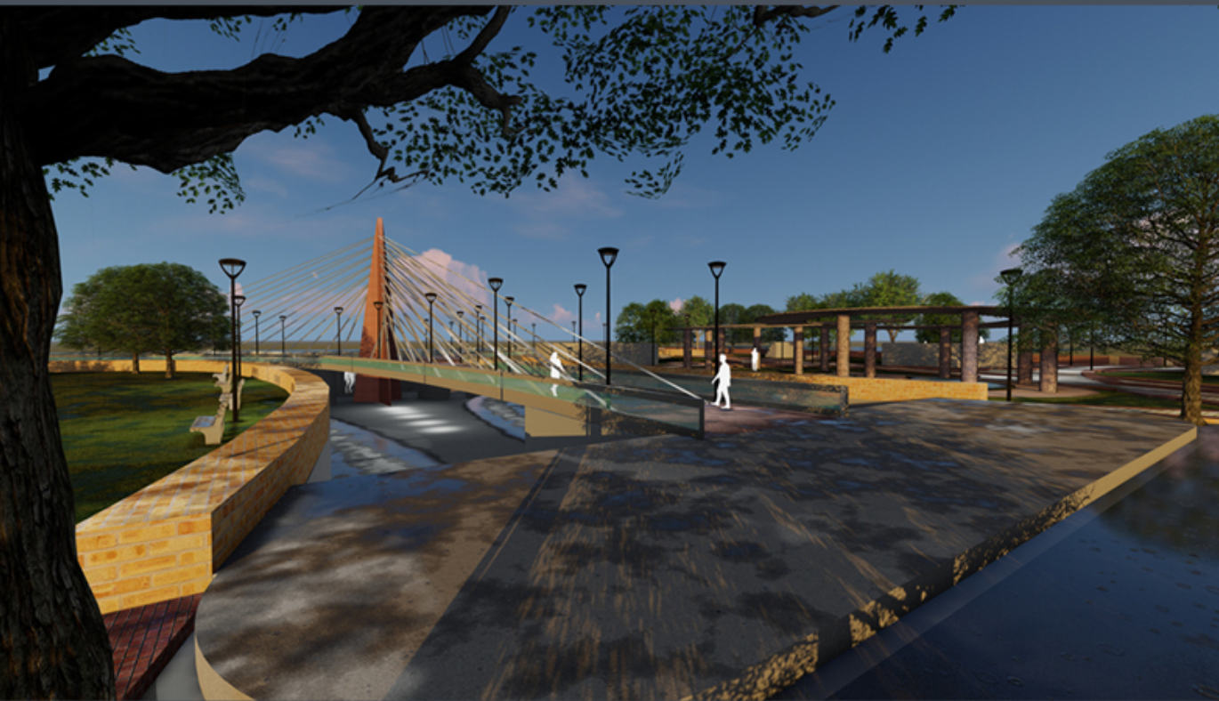 Paved plaza with cable-stayed bridge and pergola structure framed by overhanging tree branches