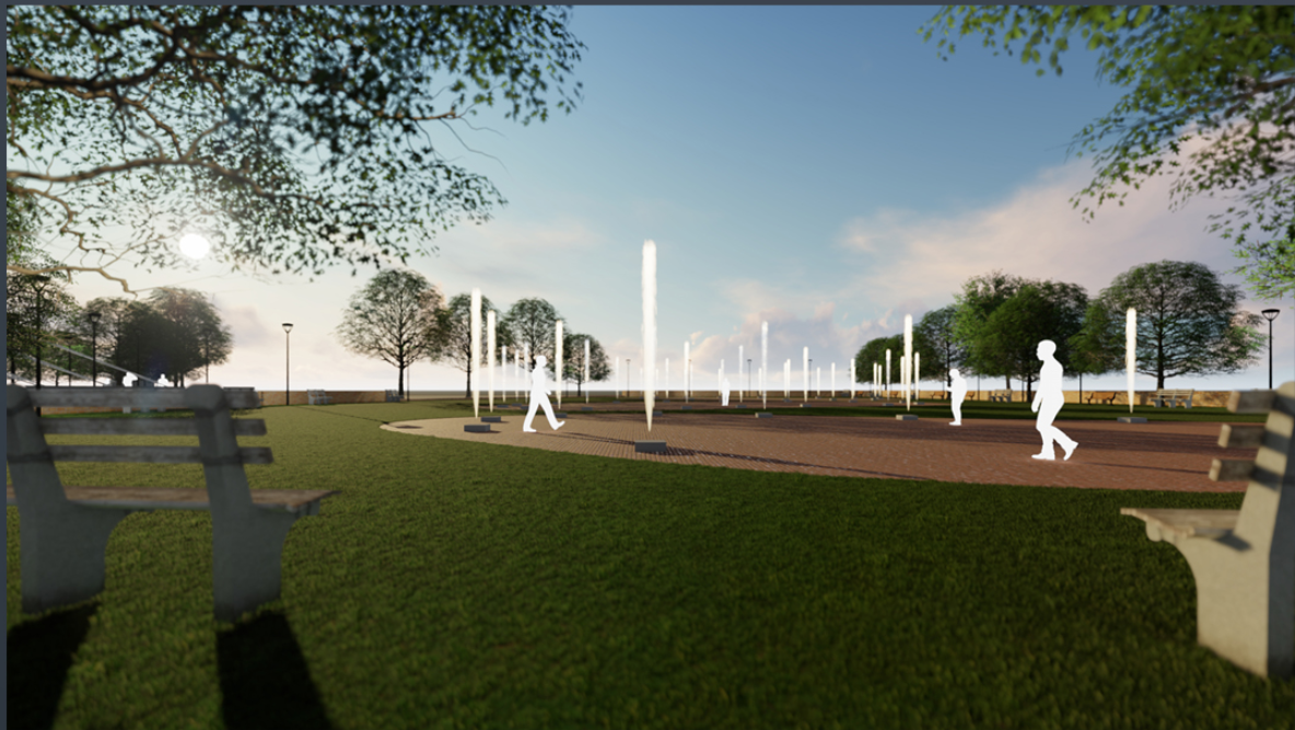 Lawn and fountain plaza with silhouette figures and tree-lined paths in afternoon light