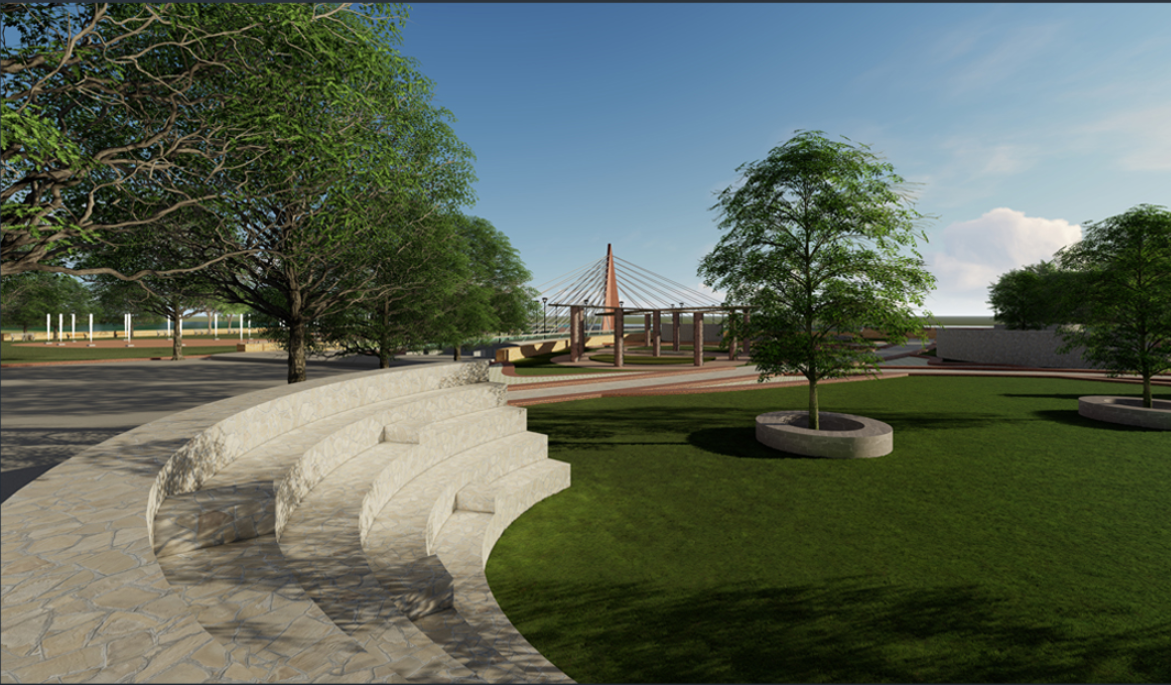 Curved stone seating terraces beside lawn with cable-stayed bridge visible in distance