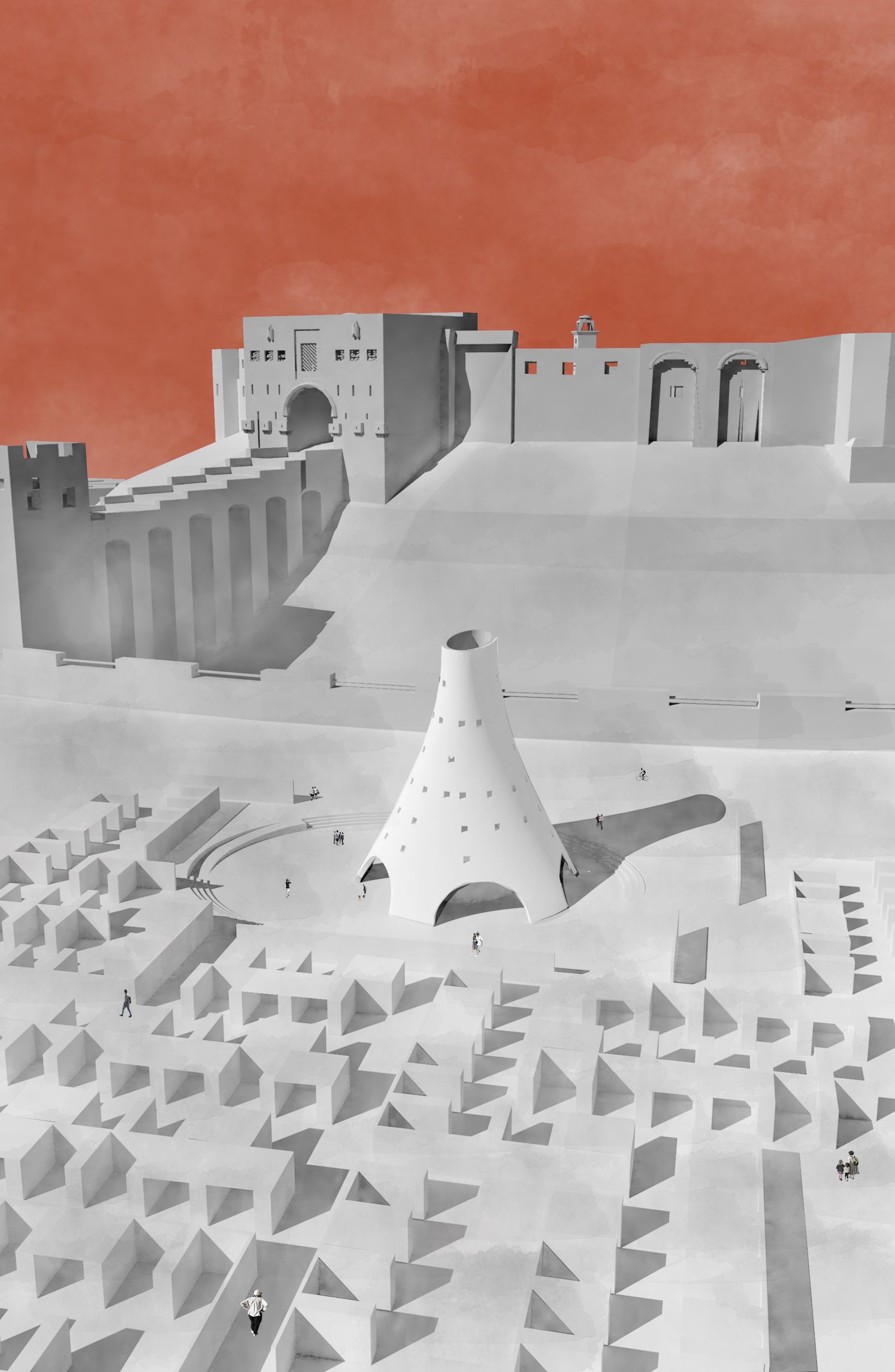 Aerial view showing how the dome anchors the public square and reconnects fragmented parts of the historic urban fabric.