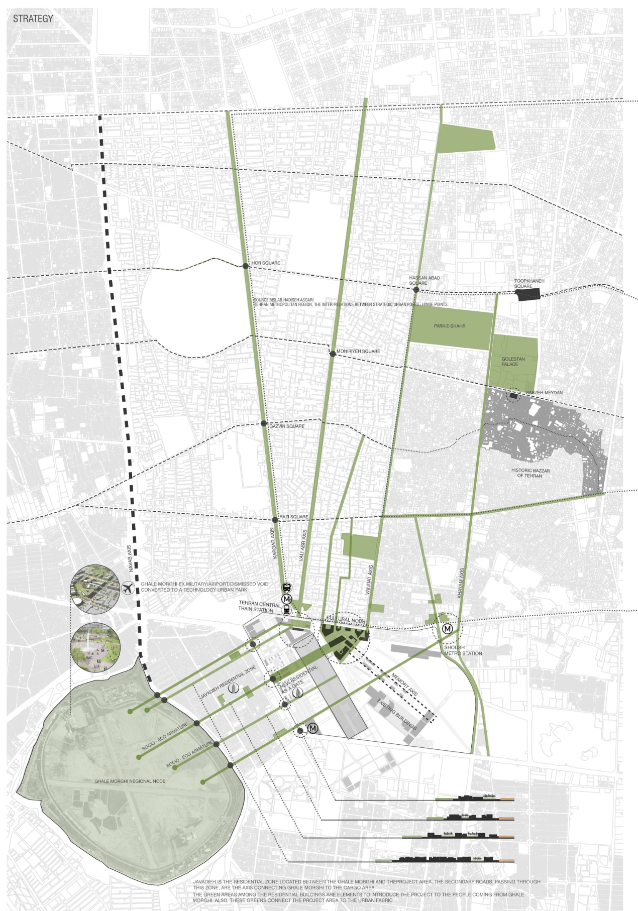 Site plan drawing showing diagonal green corridors converging on a central development zone within urban fabric