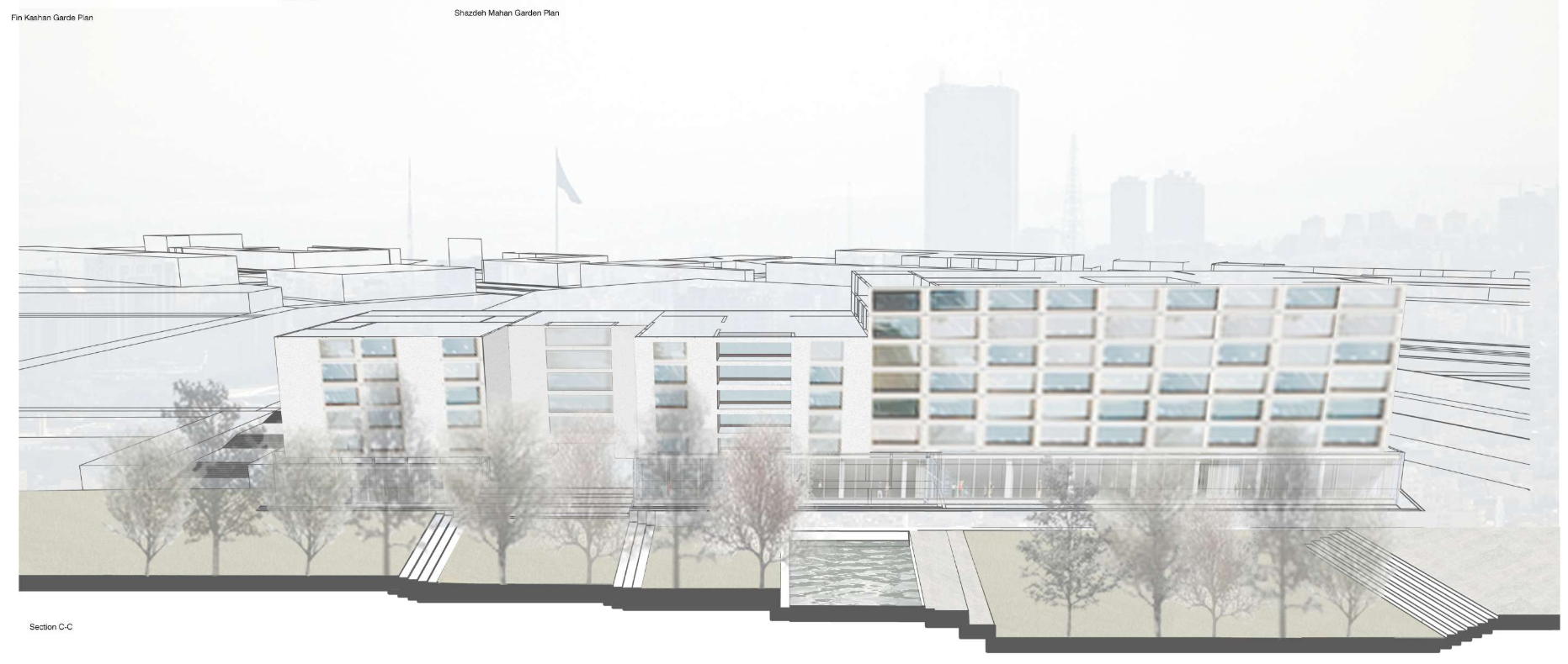 Section drawing through a terraced building with horizontal bands of fenestration and street trees in foreground