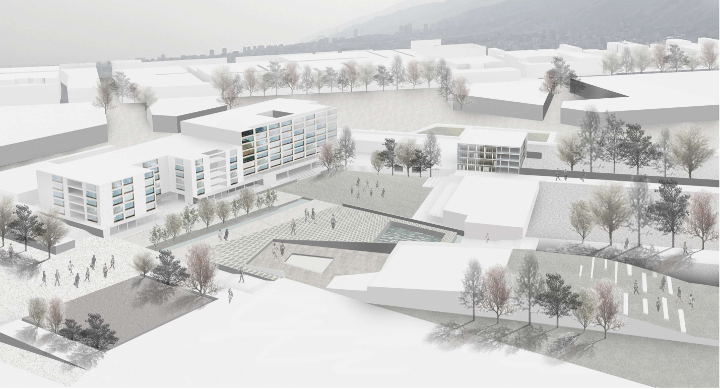 Aerial model view of a sunken courtyard surrounded by low volumes and bare winter trees