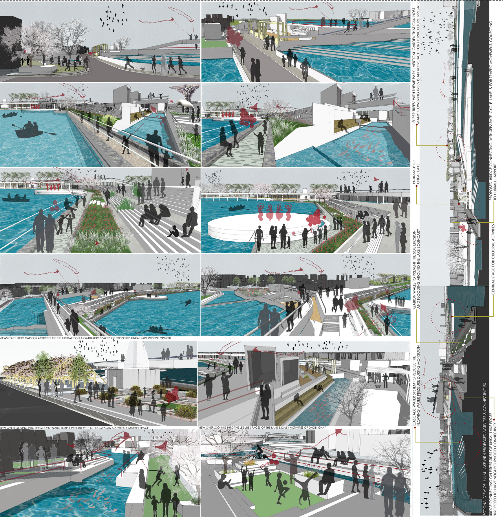 Proposed riverfront public spaces activating everyday activities through stepped edges, walkways, and gathering areas.