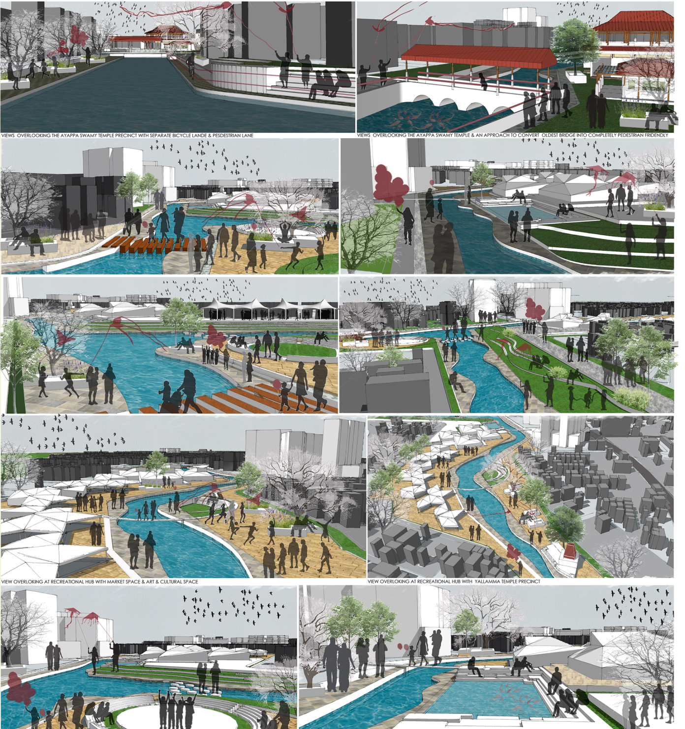 Riverfront sections illustrating multi-level public access and resilient water-edge design.
