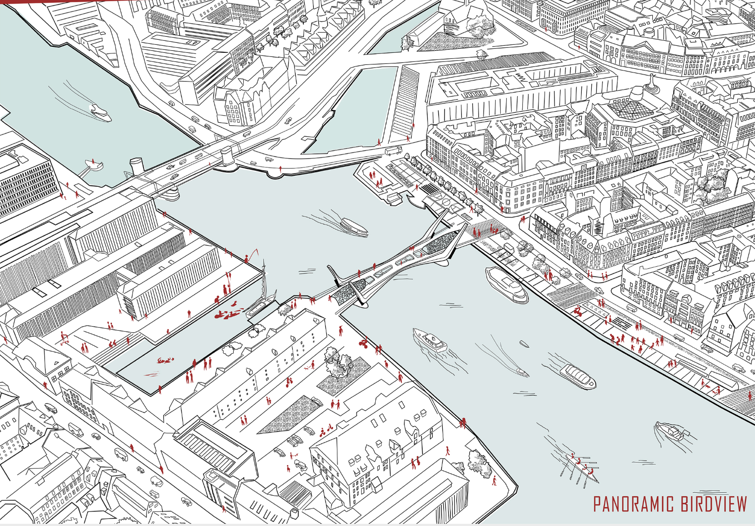 Panoramic bird’s-eye view showing the bridge as a connective urban element within Copenhagen’s waterfront fabric.