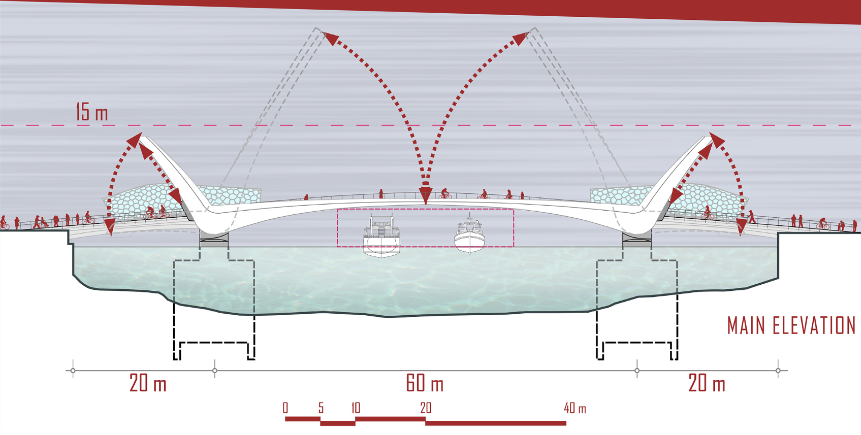 Main elevation illustrating the drawbridge mechanism, structural spans, and vertical counterweight movement.