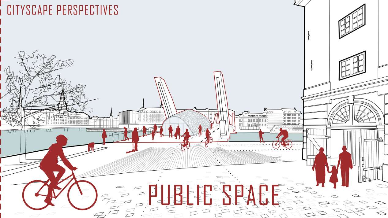 Detailed elevation highlighting the 60-meter central opening span and pedestrian-focused deck design.