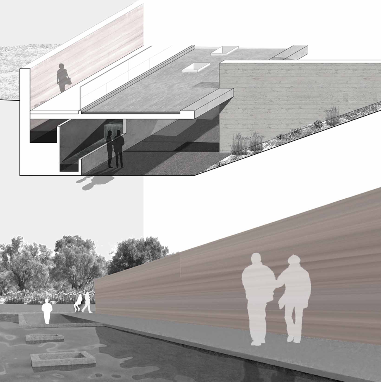 Entrance façade expressing architectural restraint and integration with the natural terrain.