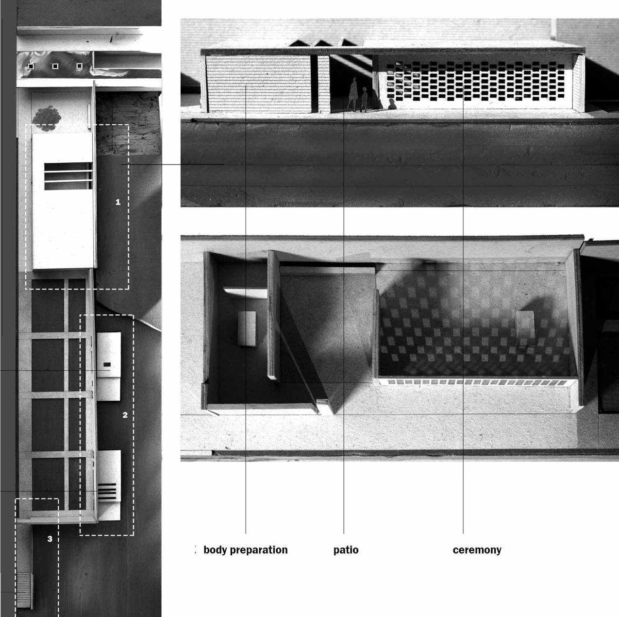Ceremonial spaces articulated through patios, controlled openings, and filtered light.