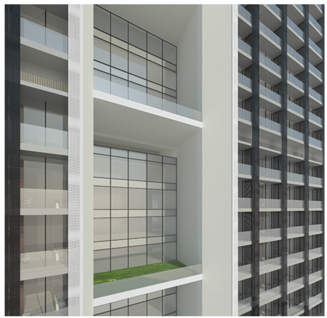Intermediate green terraces integrated within the vertical academic atrium, redefining open campus spaces in a high-rise form.