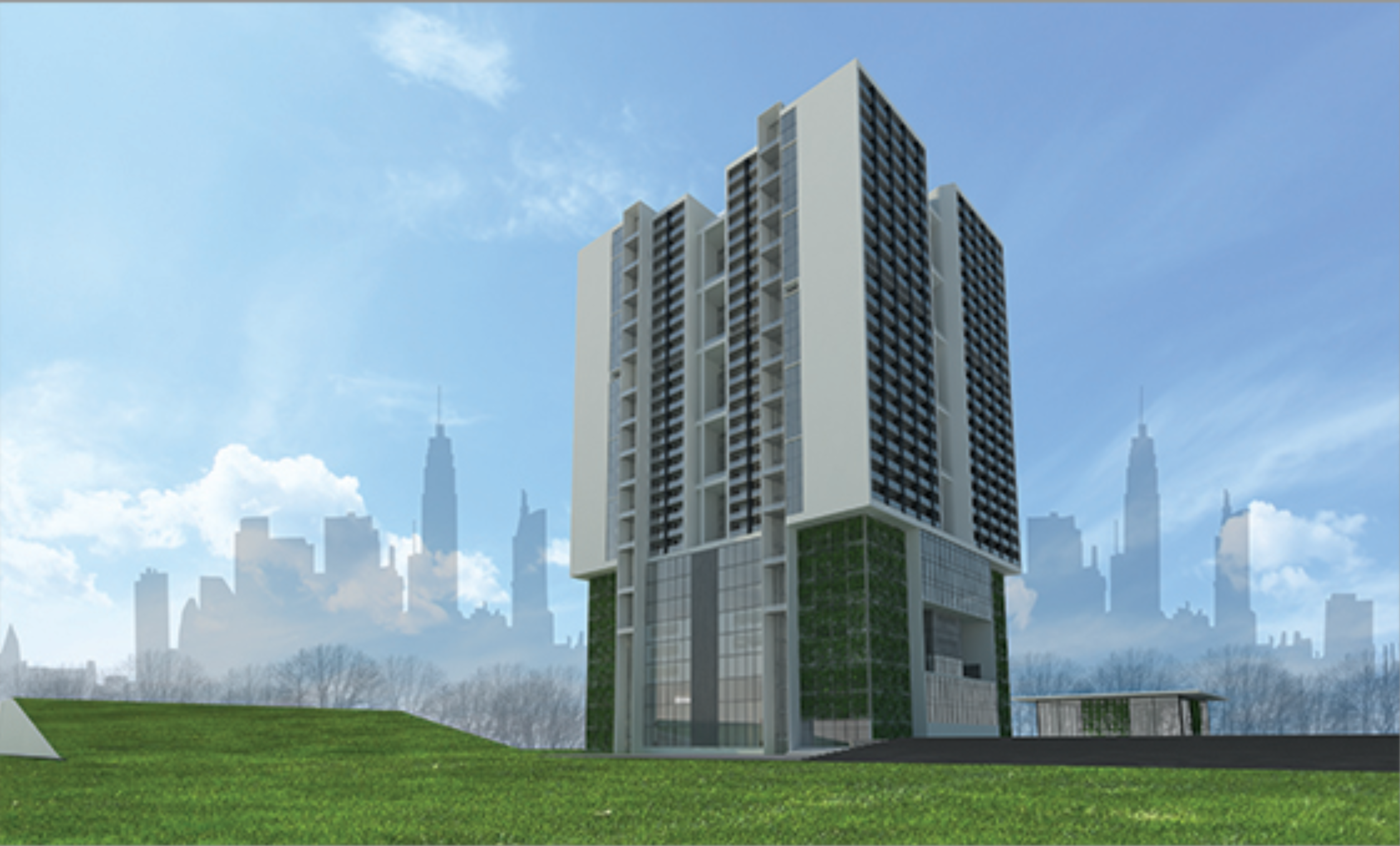 Overall massing of the vertical university tower, responding to urban land scarcity through compact academic stacking.