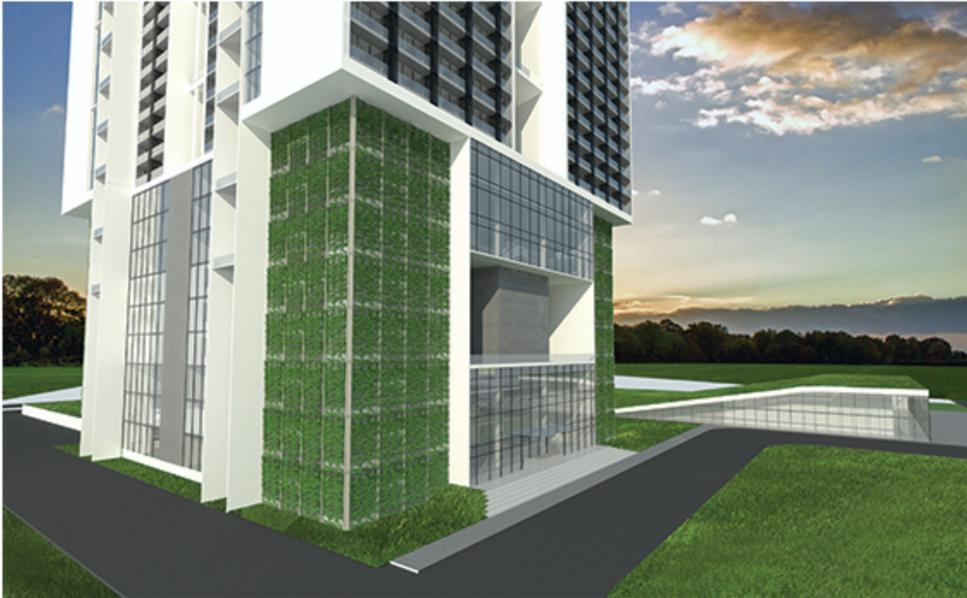 Ground-level interface showcasing green façades and transparent academic blocks connecting campus and<b> </b>city.