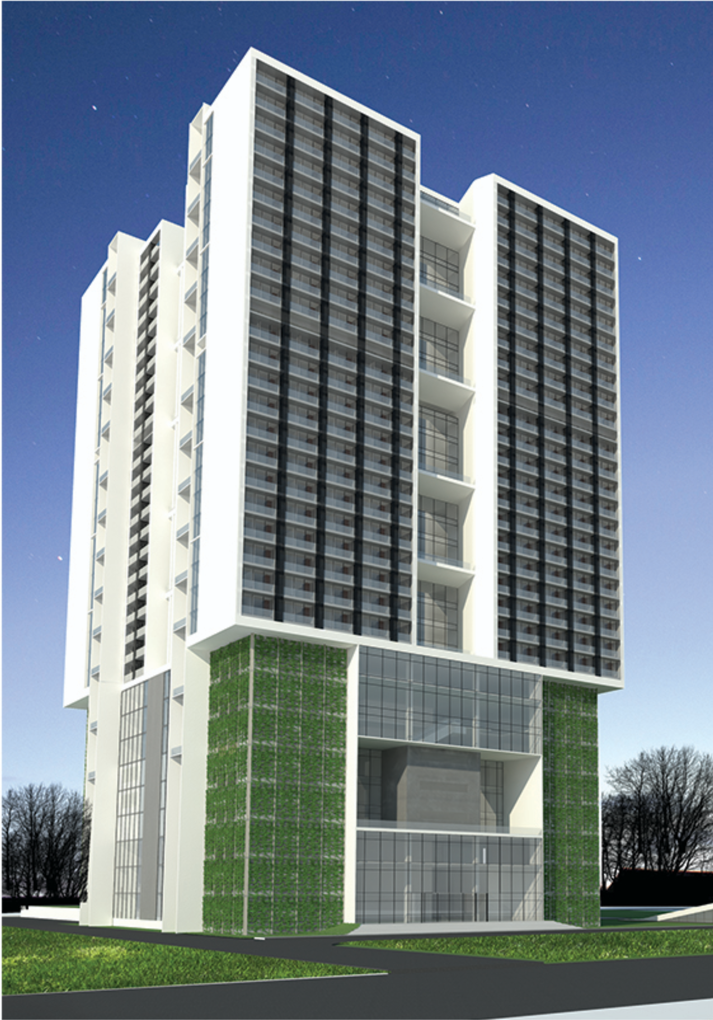 High-rise residential and academic blocks unified into a single vertical campus landmark.