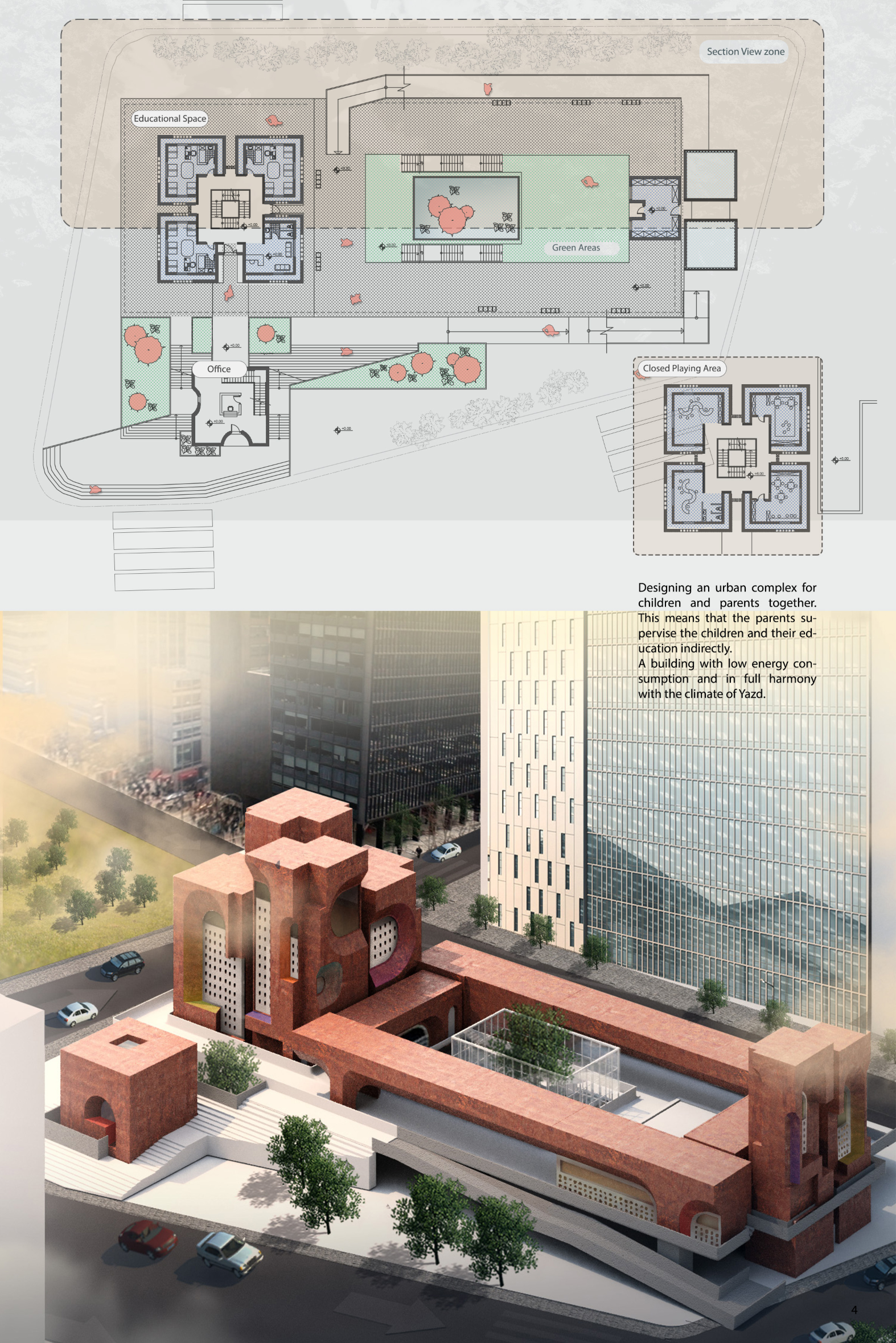 Site plan illustrating the spatial organization of educational zones, green courtyards, and climate-responsive circulation.