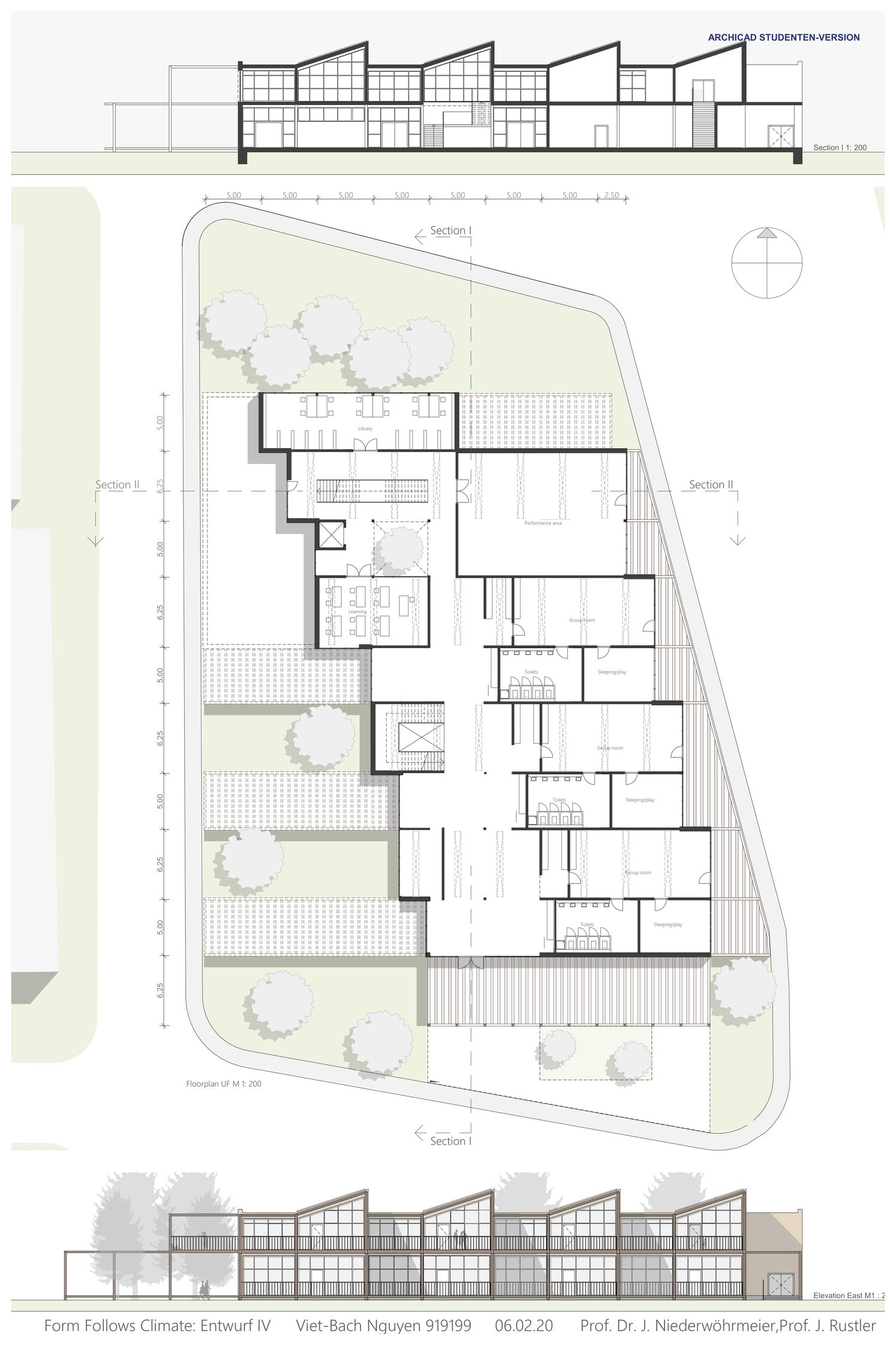 Ground floor plan illustrating compact spatial organization, courtyards, and north–south orientation for environmental efficiency.