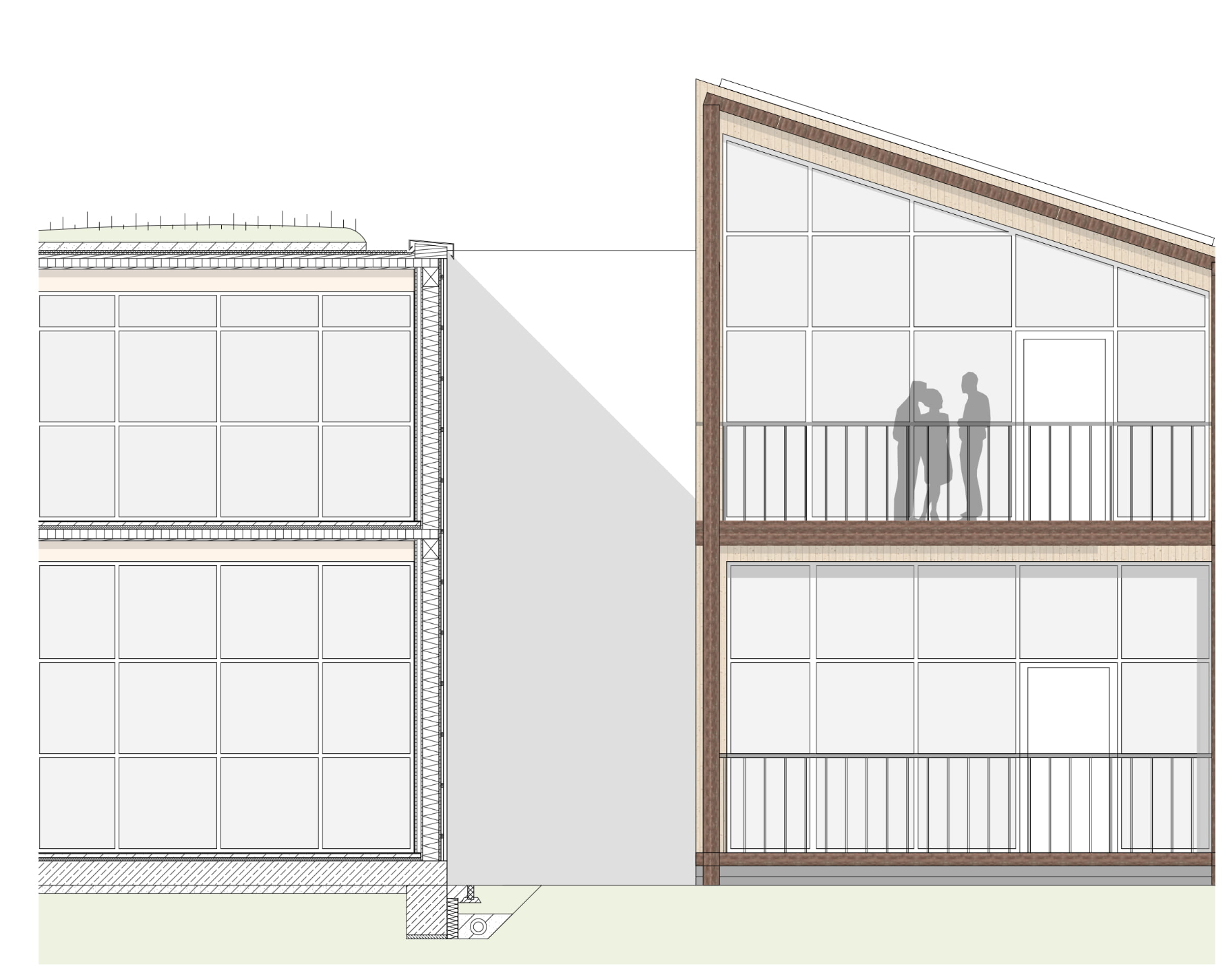Facade section demonstrating timber construction, triple-glazed openings, and sawtooth roof integration for passive solar performance.