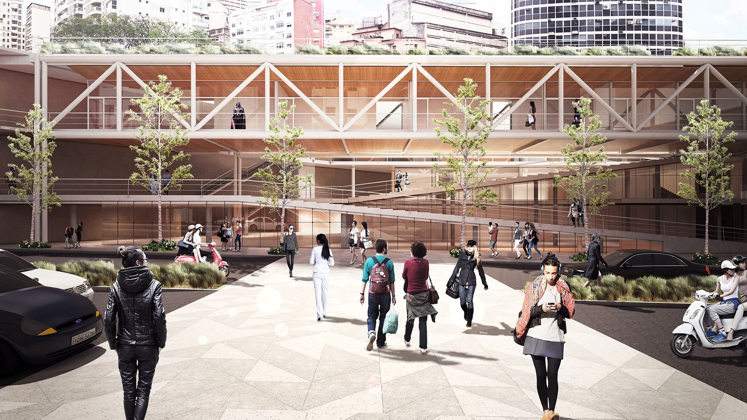 Multi-level public plaza reconnecting pedestrian movement within the urban fabric