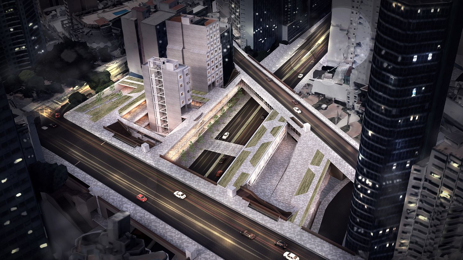 Aerial view revealing strategic urban incisions across dense city infrastructure