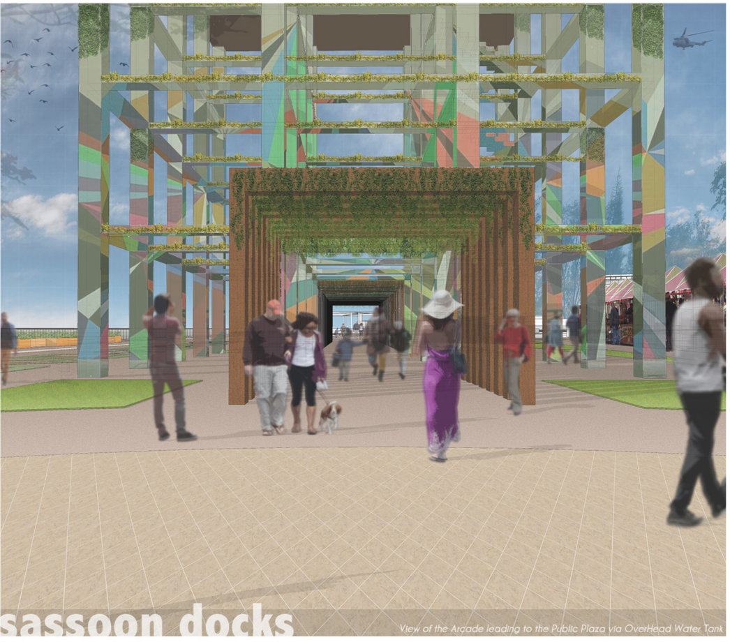 Rendering of layered steel frame pavilion with planting and visitors on brick paving under blue sky