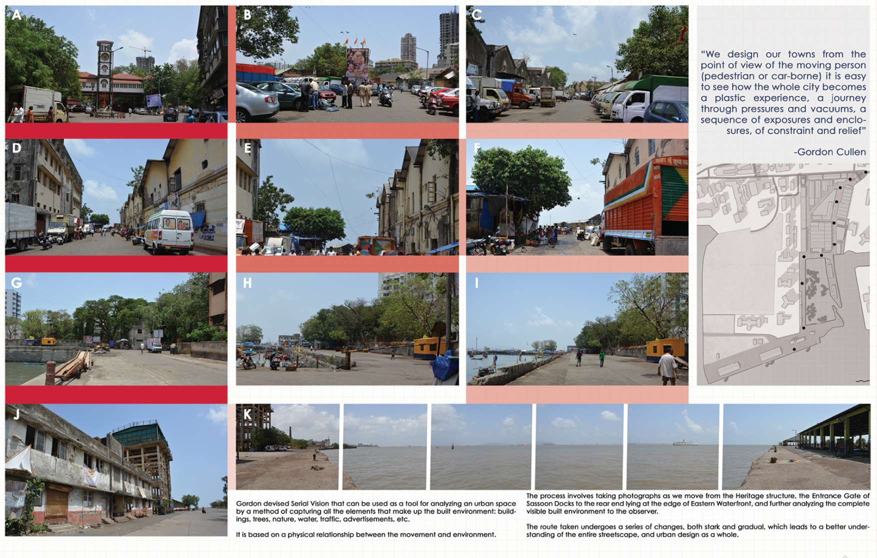 Composite board showing nine site photographs and one site plan of waterfront streets and shoreline