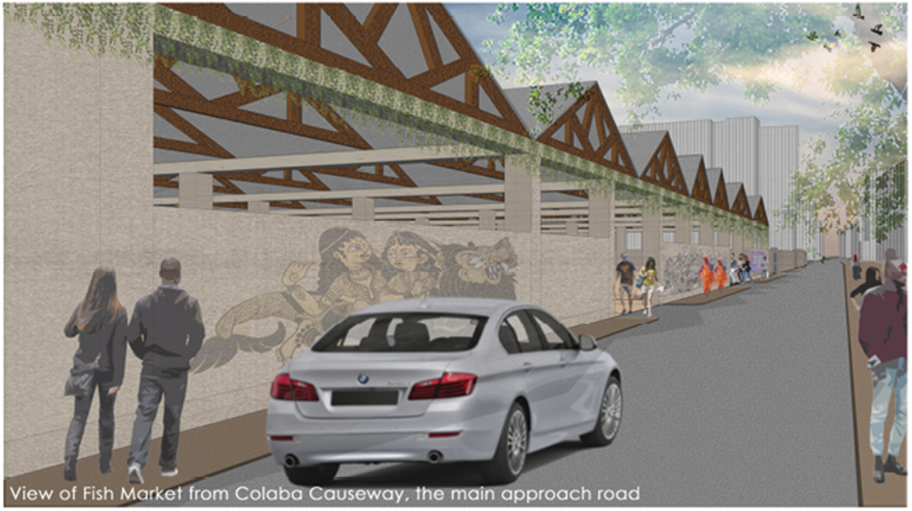 Street view rendering of saw-tooth timber roof structure above a brick wall with relief carvings