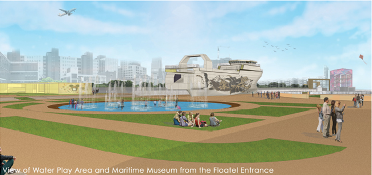 Rendering of waterfront plaza with fountain pool and boat-shaped sculptural museum beyond gathered visitors