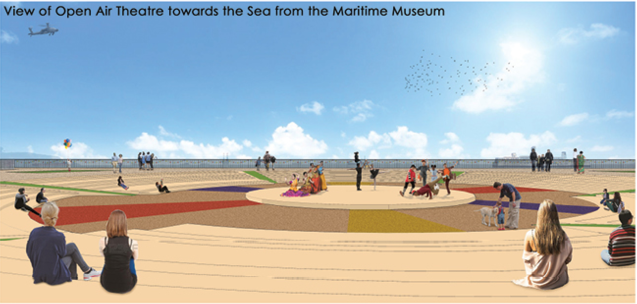 Rendering of circular amphitheater seating area with colored bands facing the ocean under scattered clouds