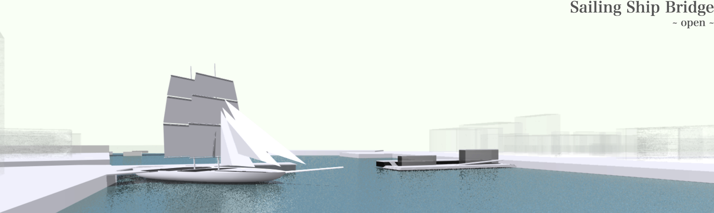 Open position of the Sailing Ship Bridge, allowing maritime passage while maintaining public accessibility.