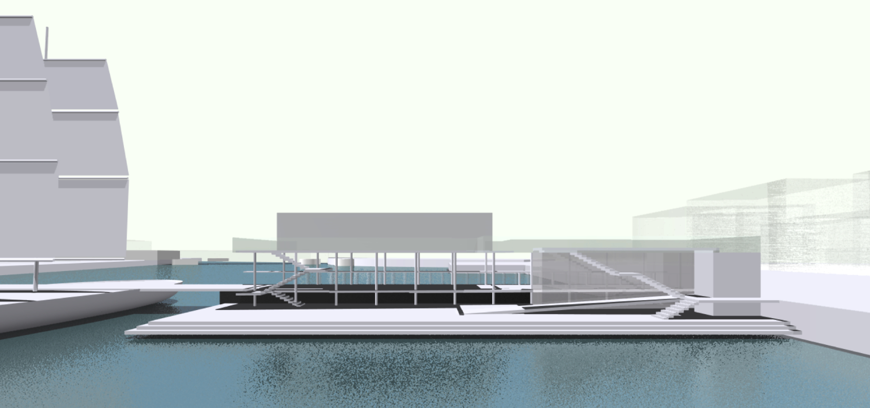 Activated public zone with integrated steps and pavilion, transforming infrastructure into a civic destination.