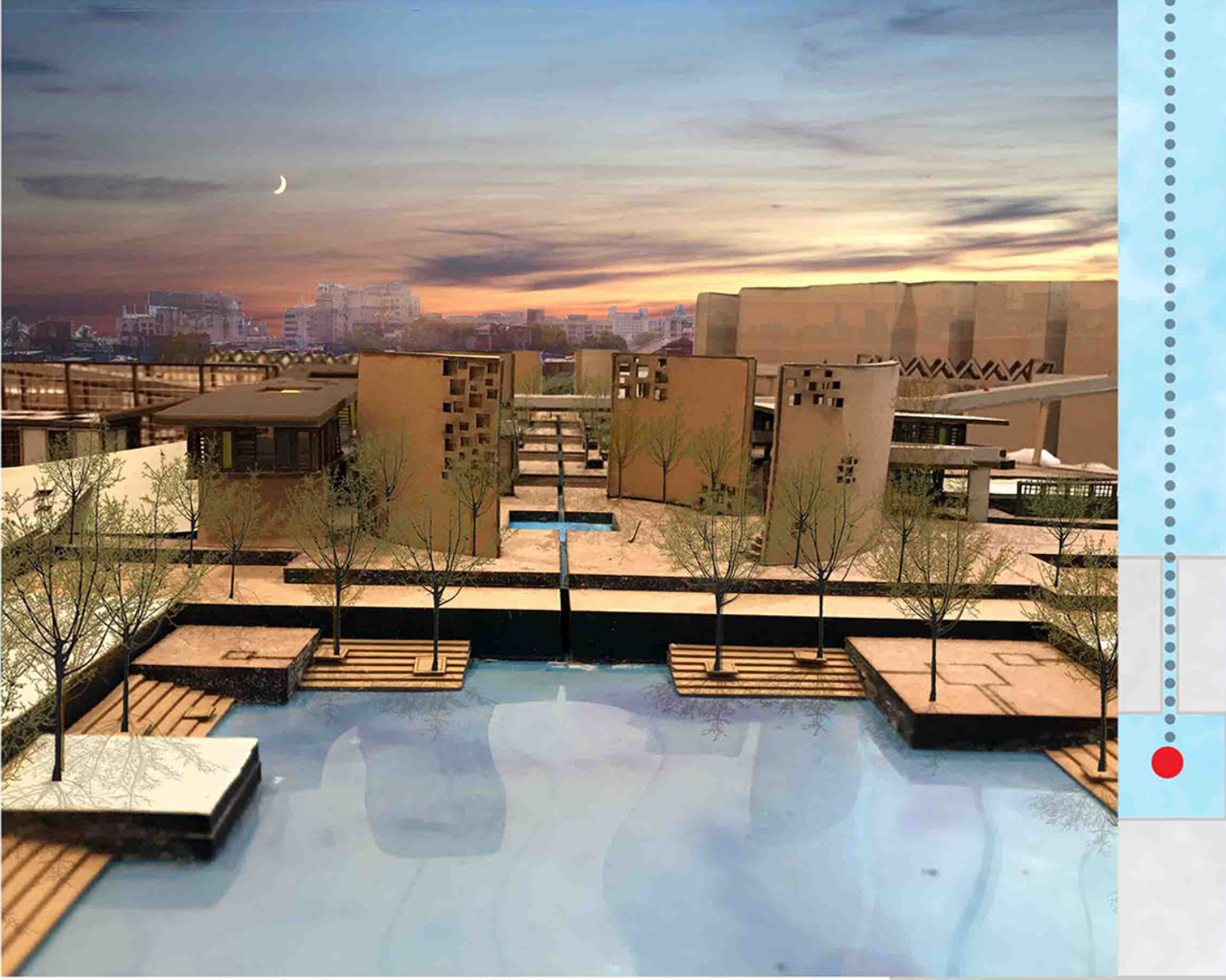 Water as a central organizing element, creating calm public edges and microclimatic comfort at sunset.