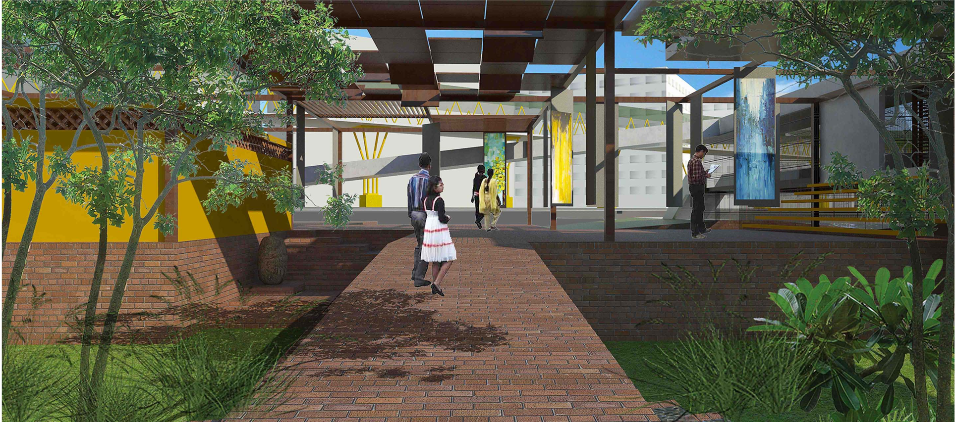 Materiality, shade, and vegetation working together to create climate-responsive social spaces.