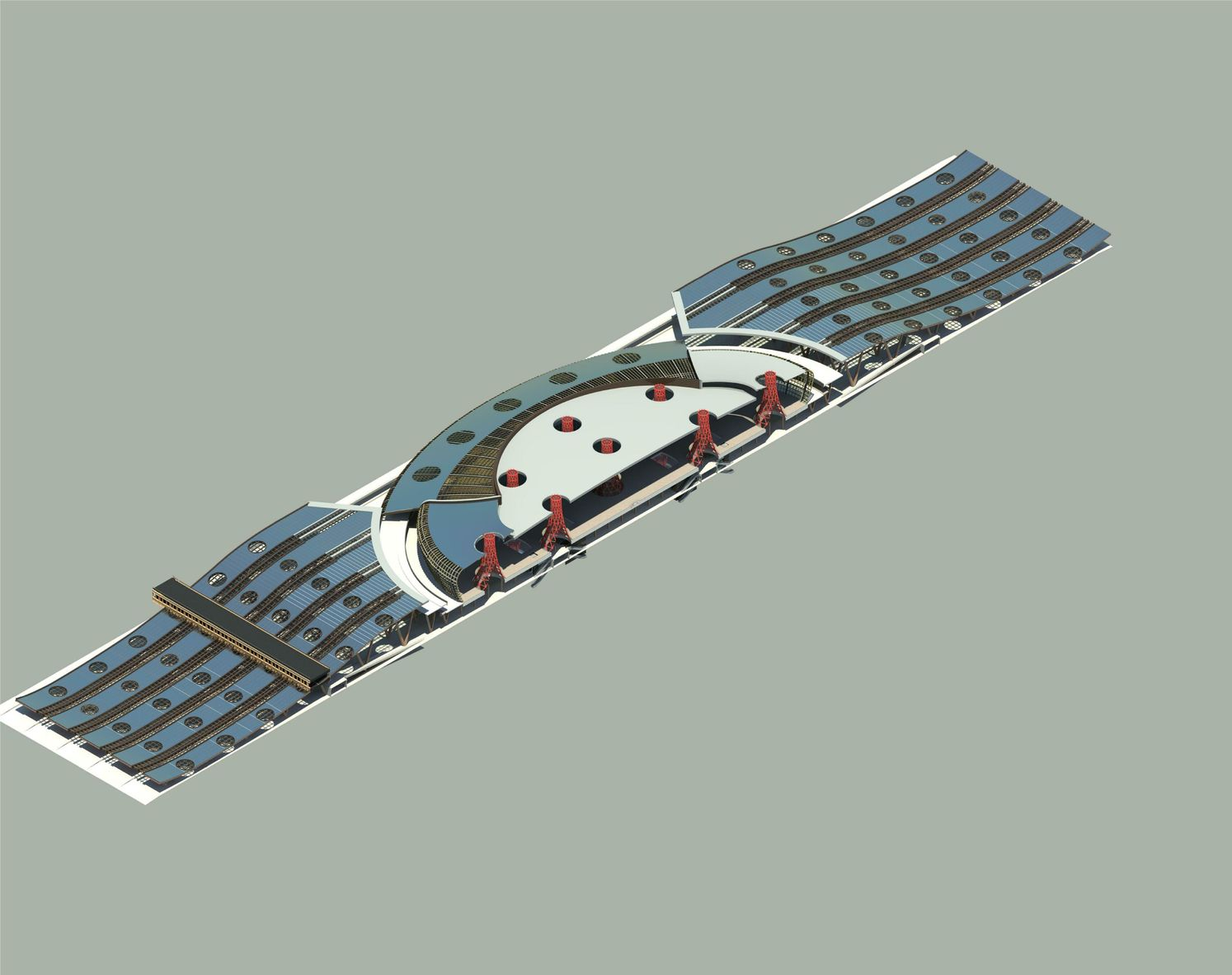 Elevated public park and green corridor integrated above transit functions to enhance urban livability.