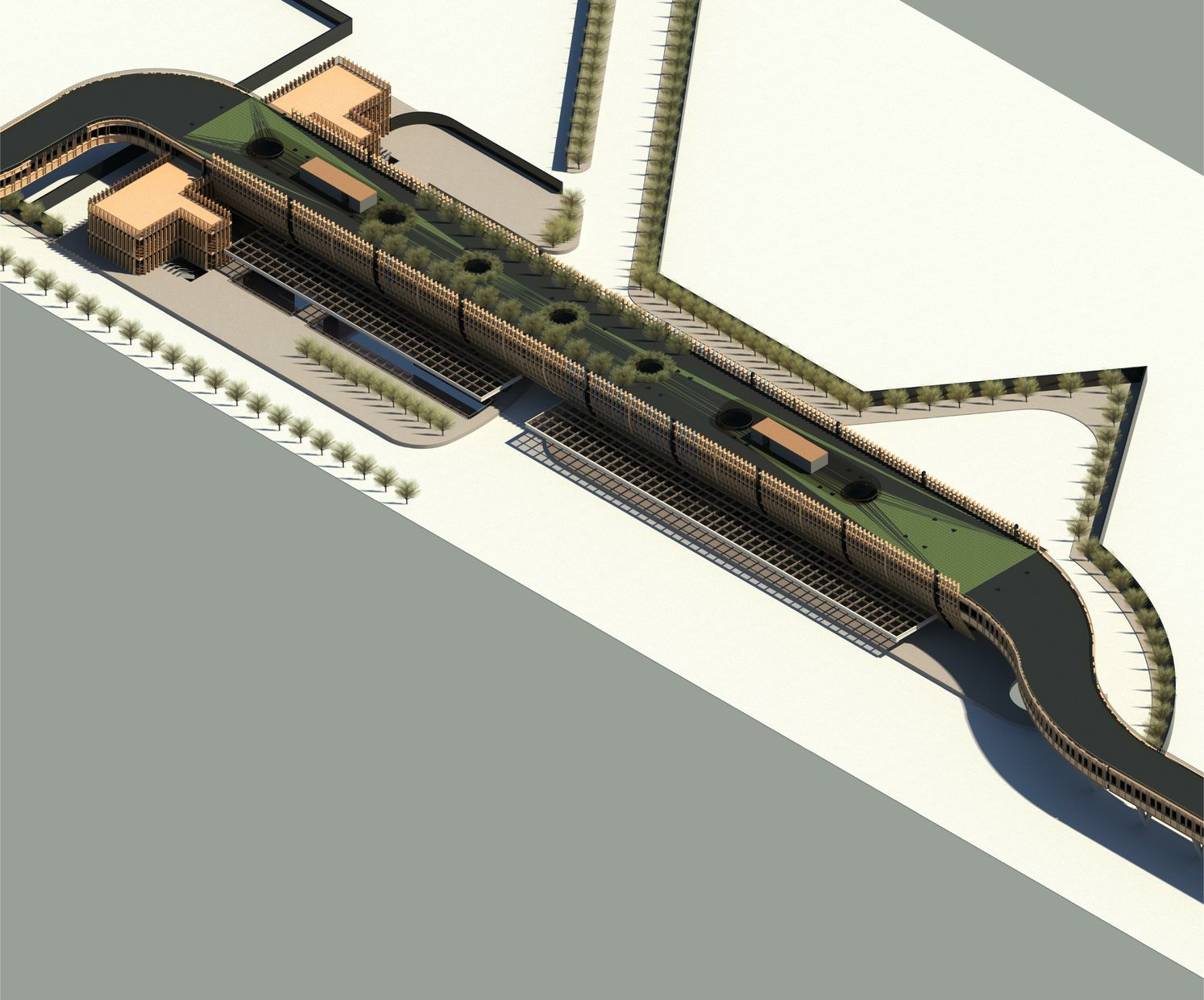 Isometric visualization of mixed-use development blocks surrounding the transit hub precinct.