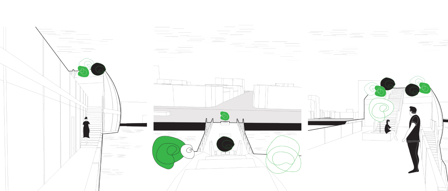 Interior circulation beneath the main deck, revealing the bridge as a layered public space.