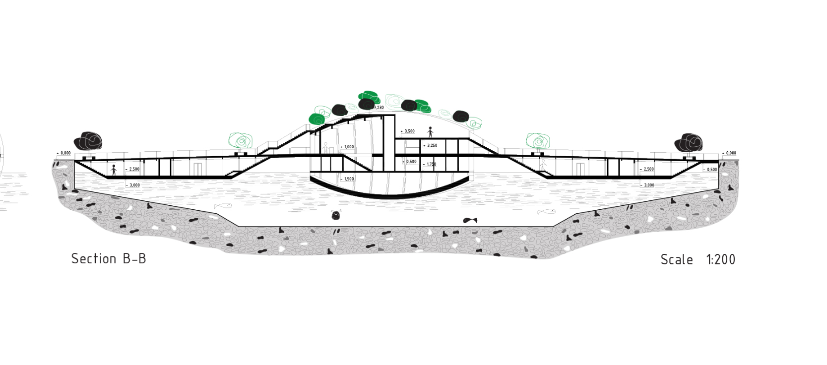 Longitudinal section showing the floating structure and multi-level public program.