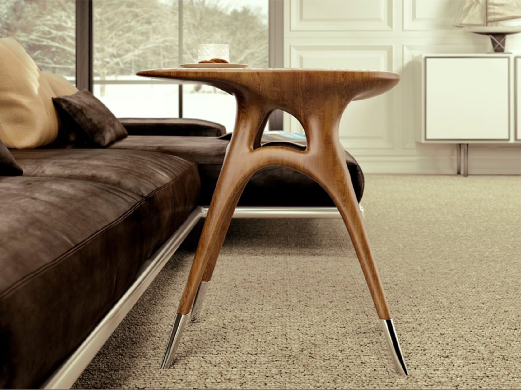 Sculptural wood side table with arched legs and tapered feet beside a leather sofa near a window