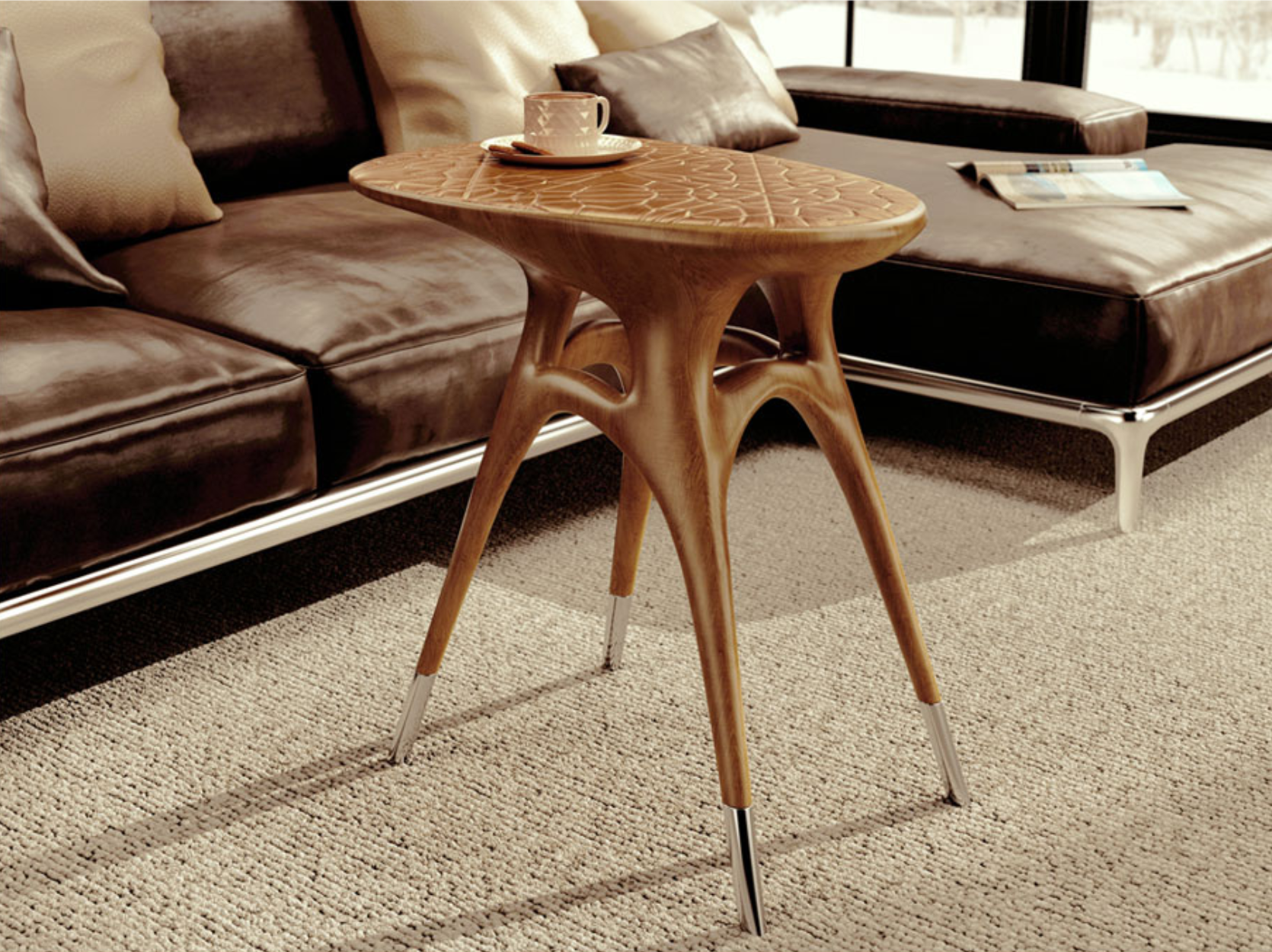 Carved wood side table with geometric surface pattern positioned between two leather lounge chairs