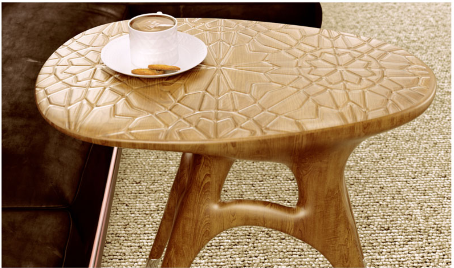 Close-up of the carved geometric pattern on the oval tabletop with a coffee cup resting on it