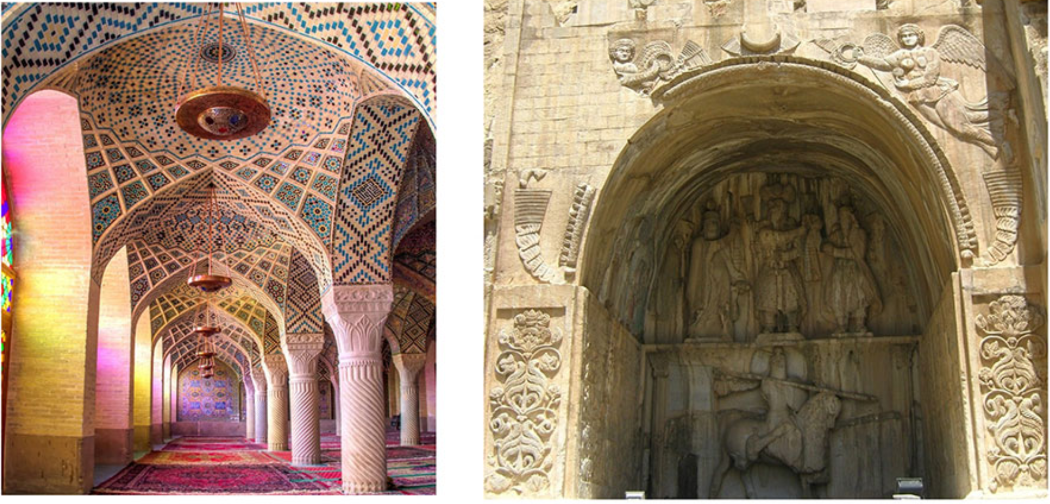 Tiled vaulted corridor with spiral brick columns and carved stone entrance portal with relief sculpture