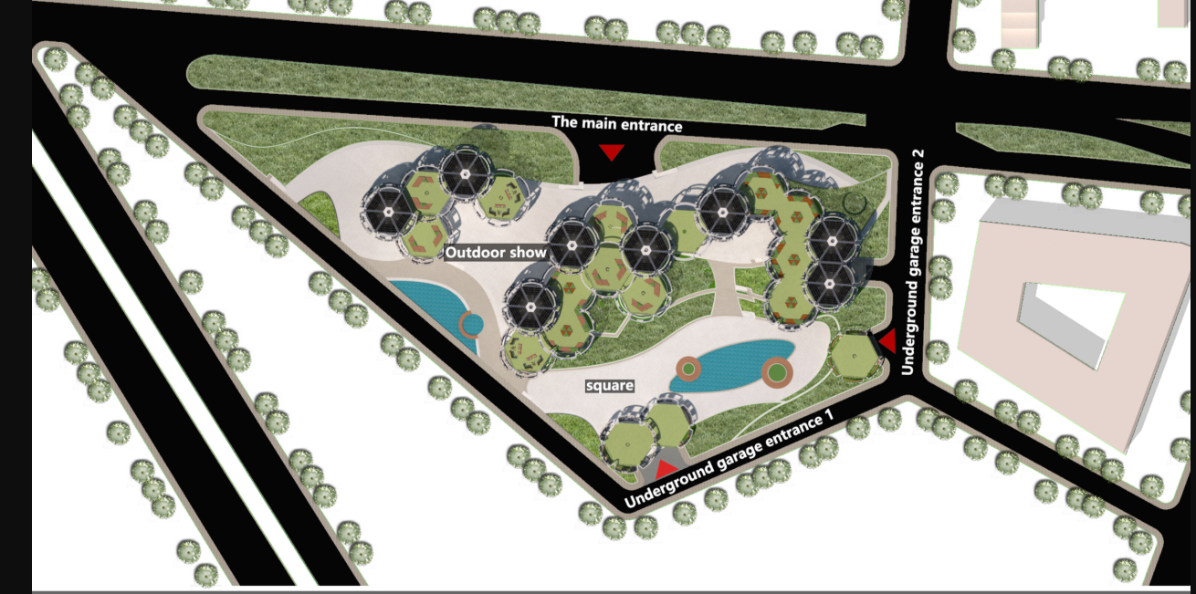 Site plan drawing showing clustered circular volumes around a central square with trees lining the perimeter