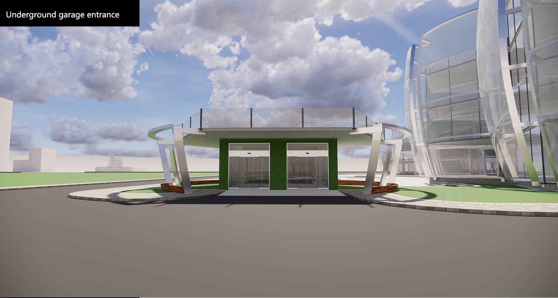 Rendering of the underground garage entrance with curved canopy and green metal elevator housings under cloudy skies