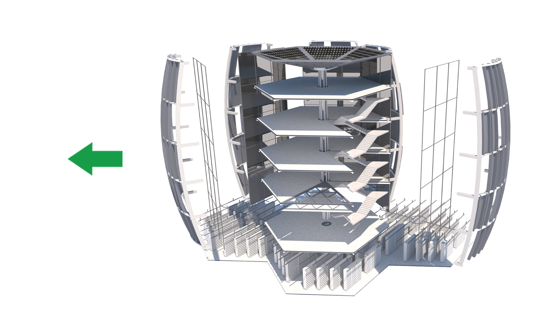 Axonometric drawing showing the multi-story structural frame with radiating floor plates and vertical circulation core