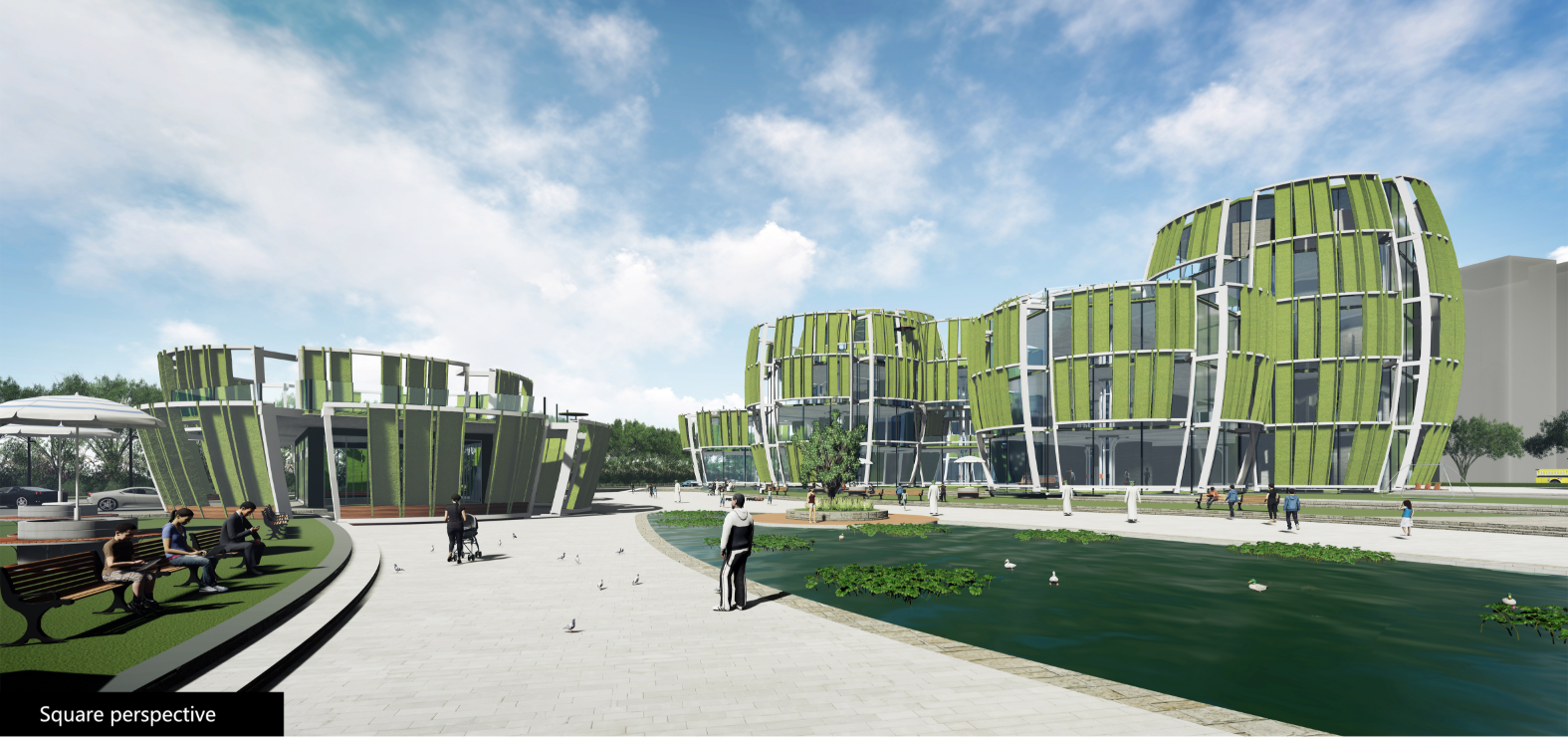 View across the plaza showing three clustered towers with green and white vertical fins and pedestrians below