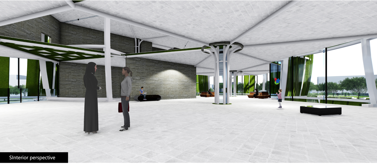 Ground floor interior with exposed concrete columns, white ceiling panels, and figures conversing near glazed openings