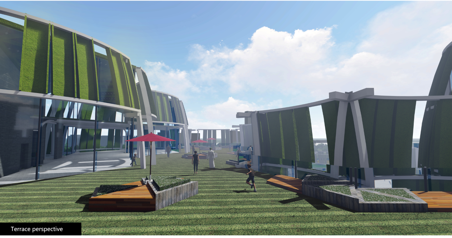 Terrace perspective rendering showing angled green facade panels and figures scattered across grass with benches