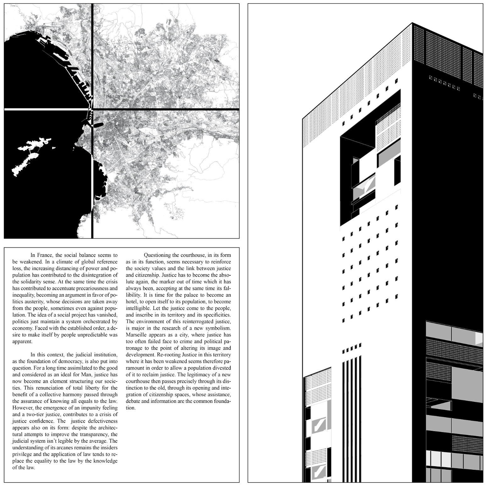 Site plan drawing showing urban context with water body and adjacent rendering of tower facade with perforated screens