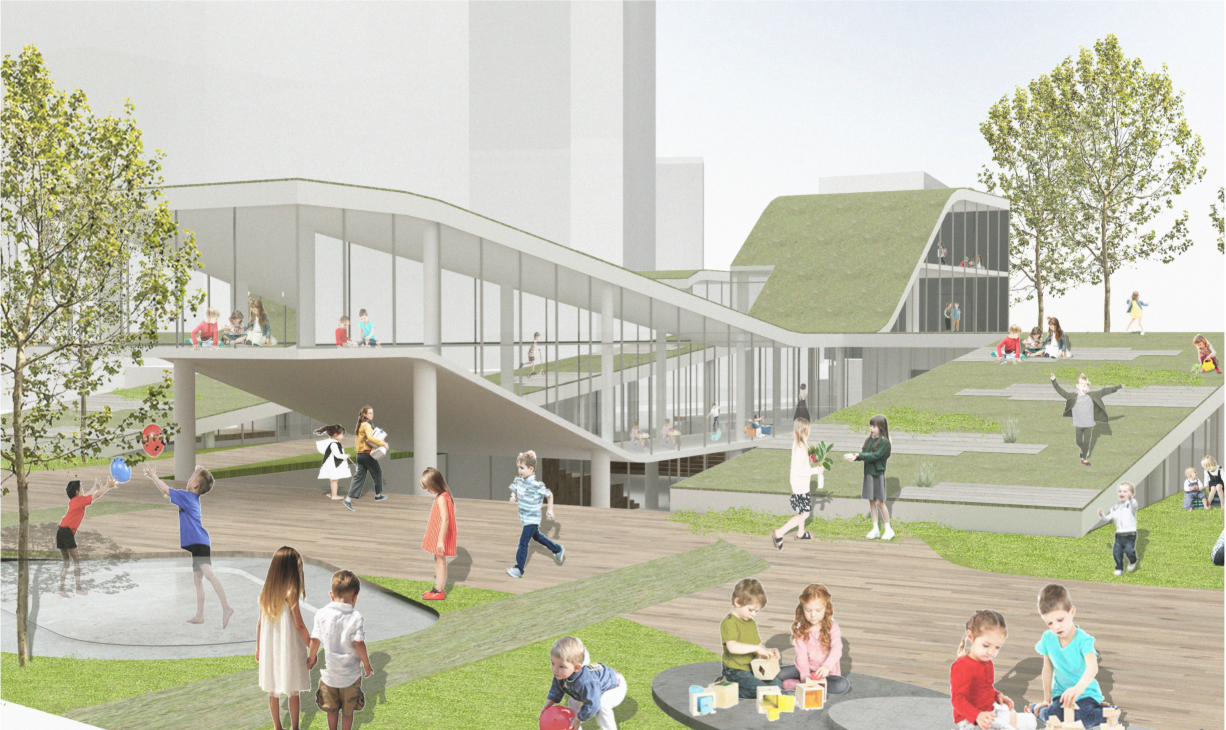 Rendered exterior view of the ramped timber deck and green roof with children playing