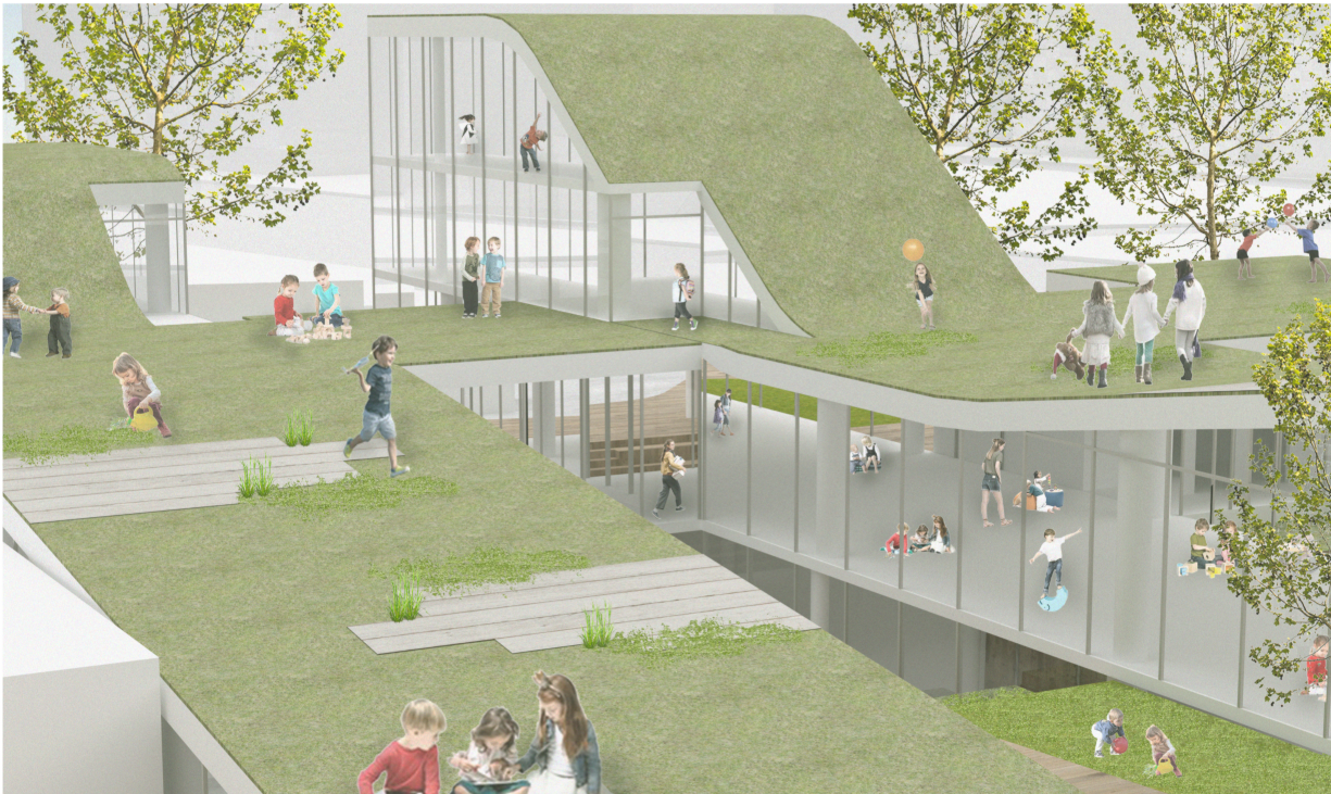 Rendered view of grass-covered roof terraces with glazed facades below and scattered trees